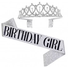 Набір для дня народження - металева діадема та стрічка BIRTHDAY GIRL Срібло