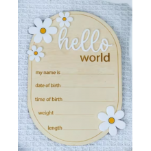 Дерев'яна метрика для новонародженого Hello world білі ромашки 12*16см
