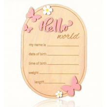 Дерев'яна метрика для новонародженого Hello world рожеві метелики 10,5*15см