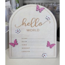 Дерев'яна метрика для новонародженого Hello world рожеві метелики 20*18см