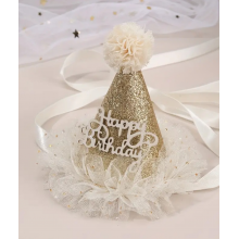Ковпачок Happy Birthday золотий з фатиновою рюшею і помпоном