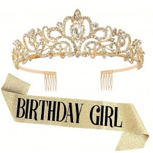Набір для дня народження - металева діадема та стрічка BIRTHDAY GIRL  золото