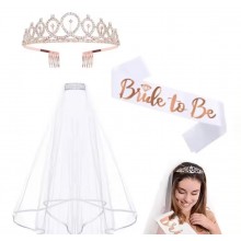 Набір весільний для нареченої Bride to be рожеве золото 3шт (фата, стрічка біла, корона) 