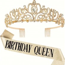Набір для дня народження - металева діадема та стрічка BIRTHDAY QUEEN золото(5667)